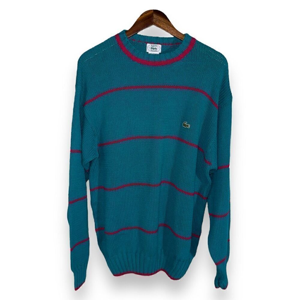 80s Lacoste Alligator Green Striped Chunky Knit Sweater Size L